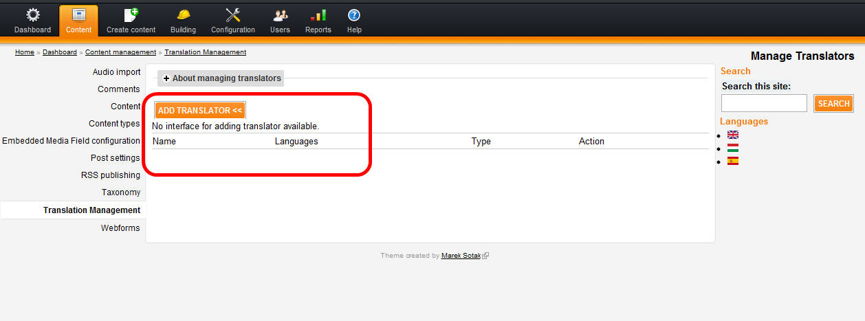 Translation Management - No interface for adding translator available.