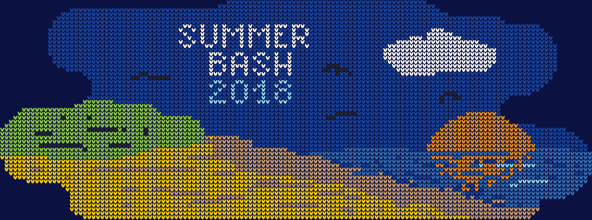 A knitted beach scene with the title "Summer Bash 2018"