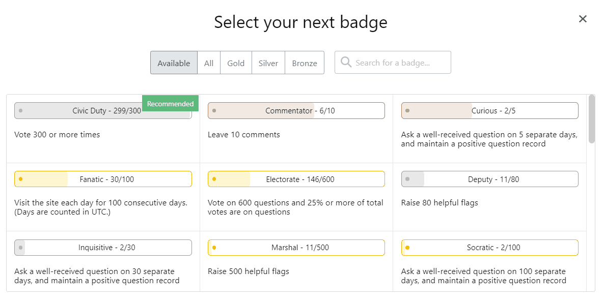 A gif showing different searches on 'Select your next badge' modal. When searching for a badge, its width may be tightened and the number of done/required actions can overflow the progress bar.