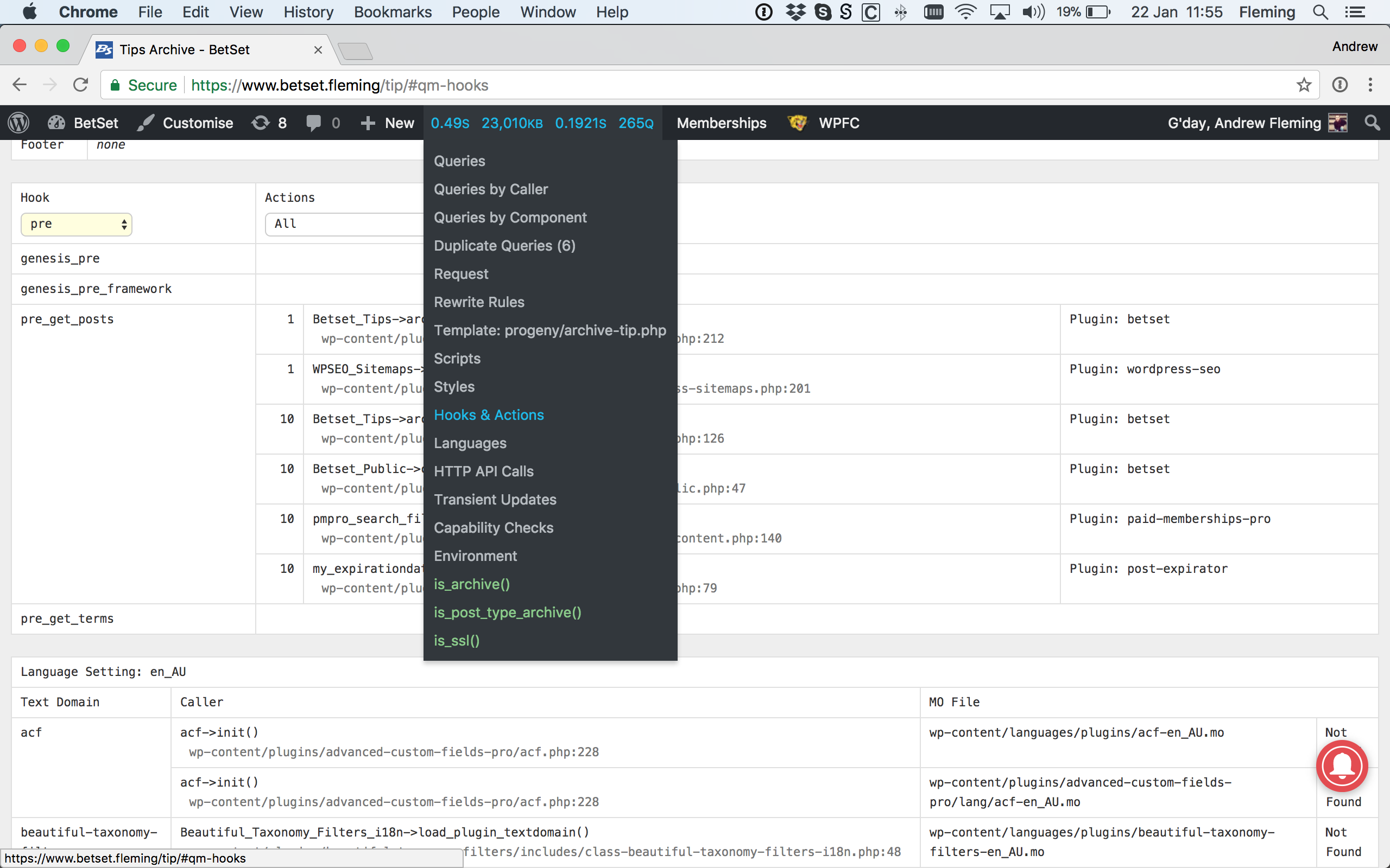 query monitor hooks and actions section