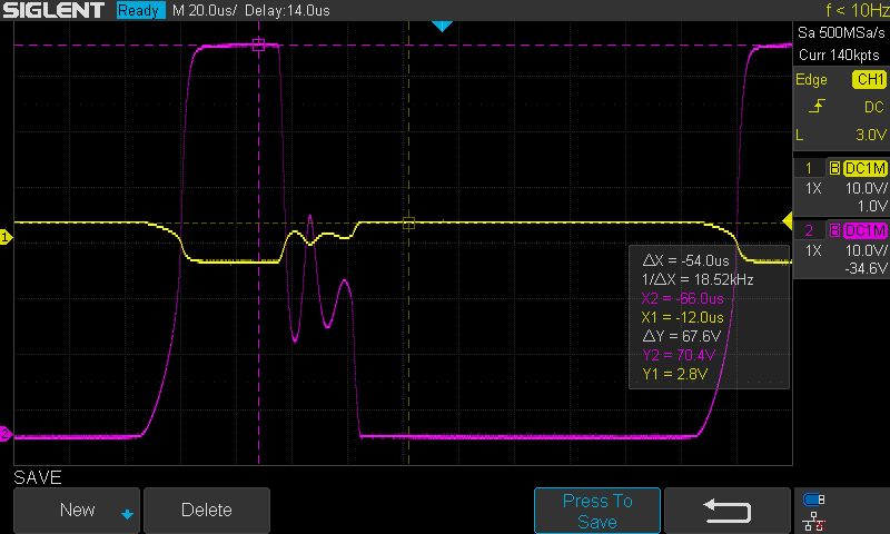 PWM of motor without Schottky or snubber zoomed in