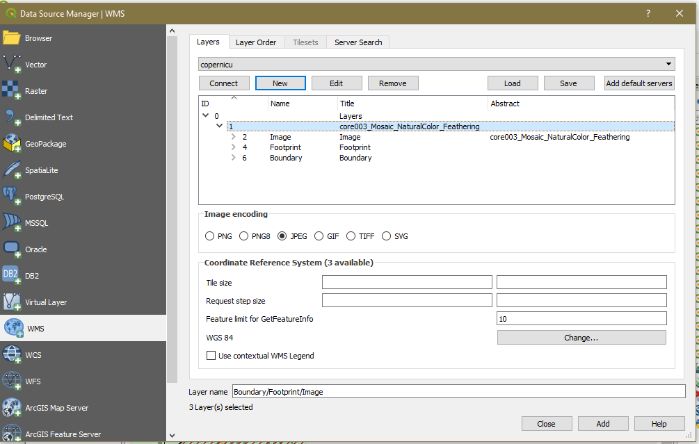 Copernicus WMS in QGIS 3