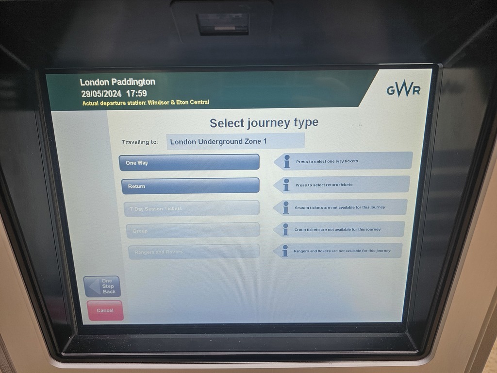 Single/return screen of GWR TVM