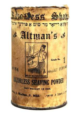 Yellowed label of a can with English and Hebrew/Yiddish words on it, including "Altman's RAZORLESS SHAVING POWDER", and am image of a man at a bathroom sink