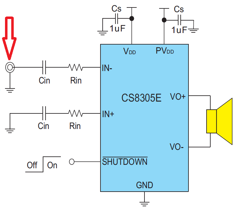 The single-ended input application schematic with the audio signal node pointed to by the arrow.