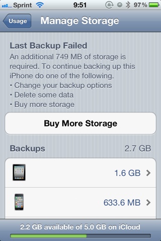 Usage > Manage Storage screen