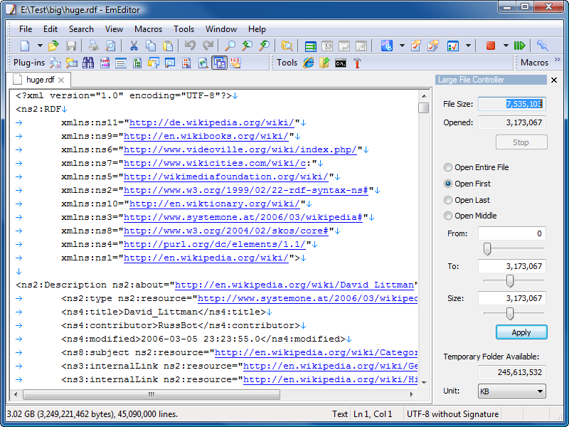 EmEditor with it's large file controller