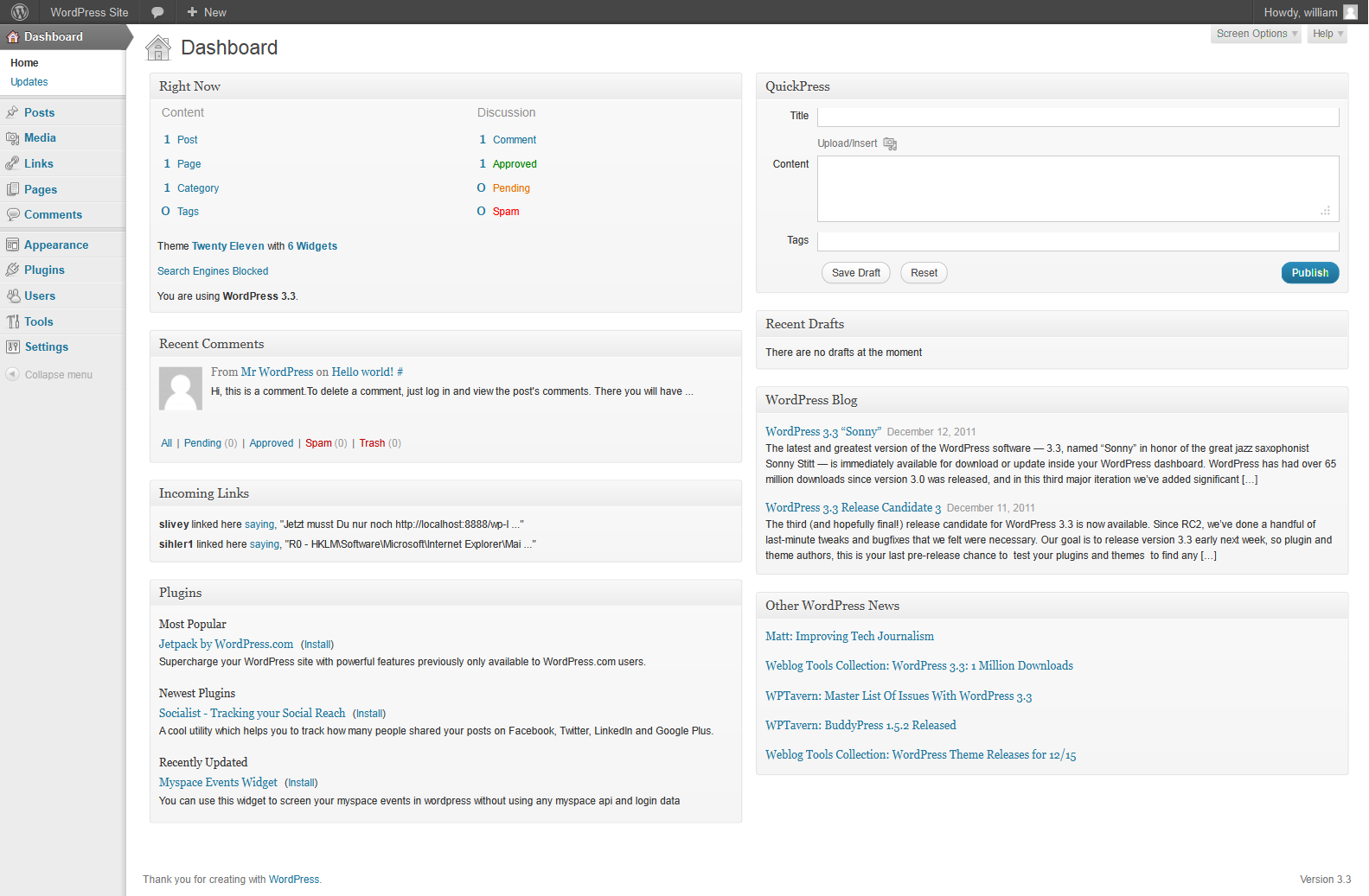 Wordpress dashboard, very gray