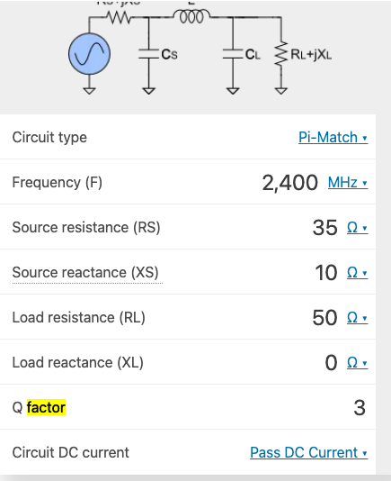 RF matching calculator