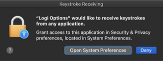 macOS setting dialog of Keystroke Receiving of Logi Otions