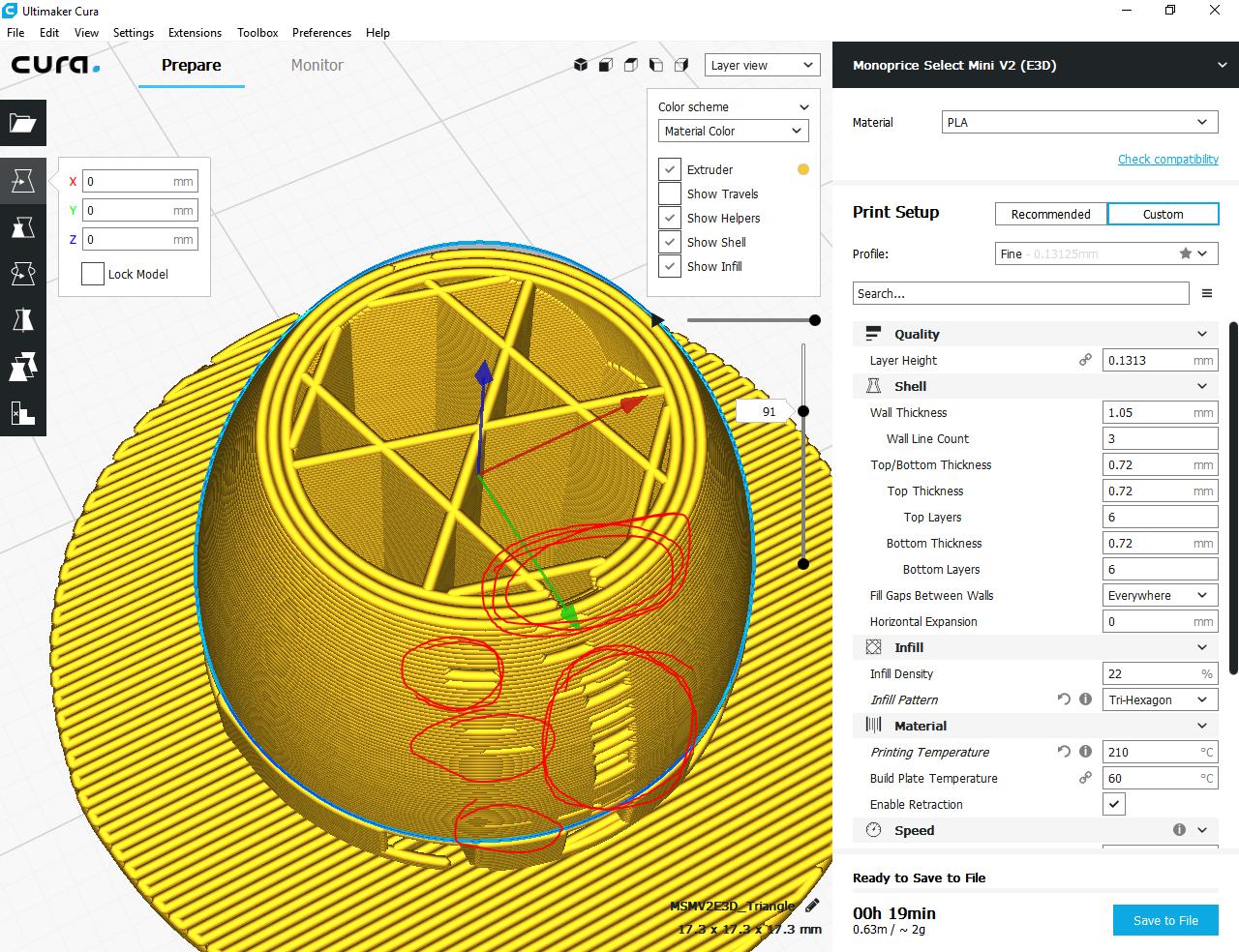 Rendered G-code view of a sliced model