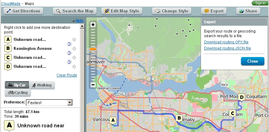 route with waypoints