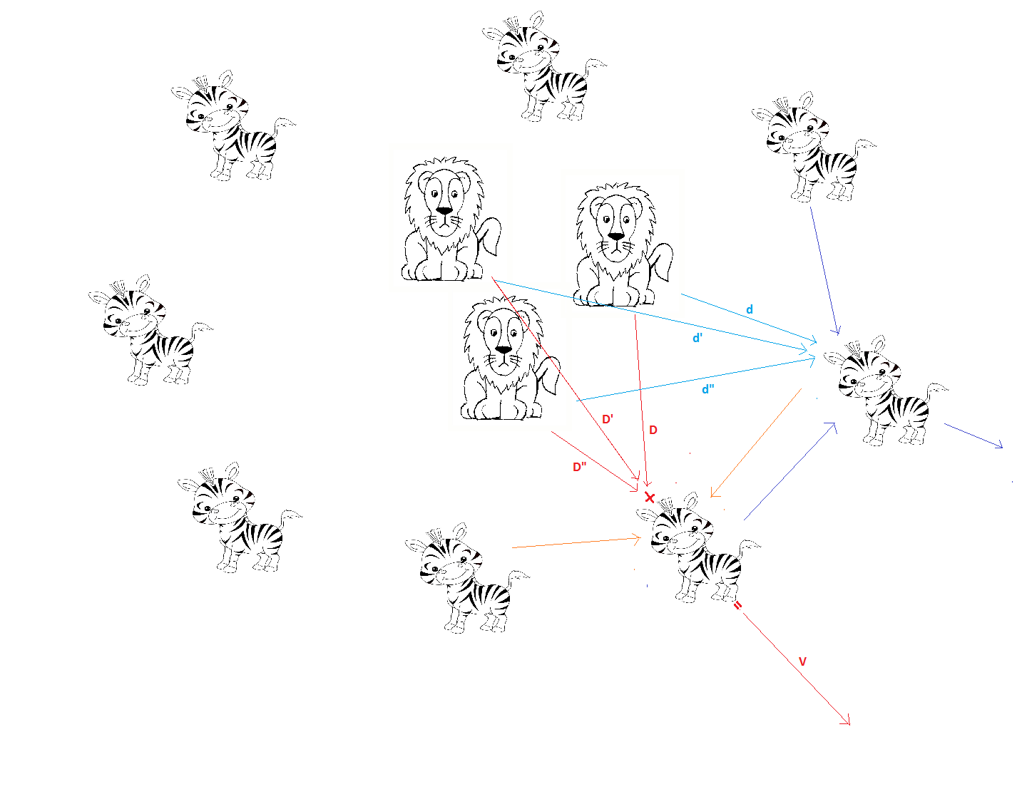 Lions and zebras with vectors between them.