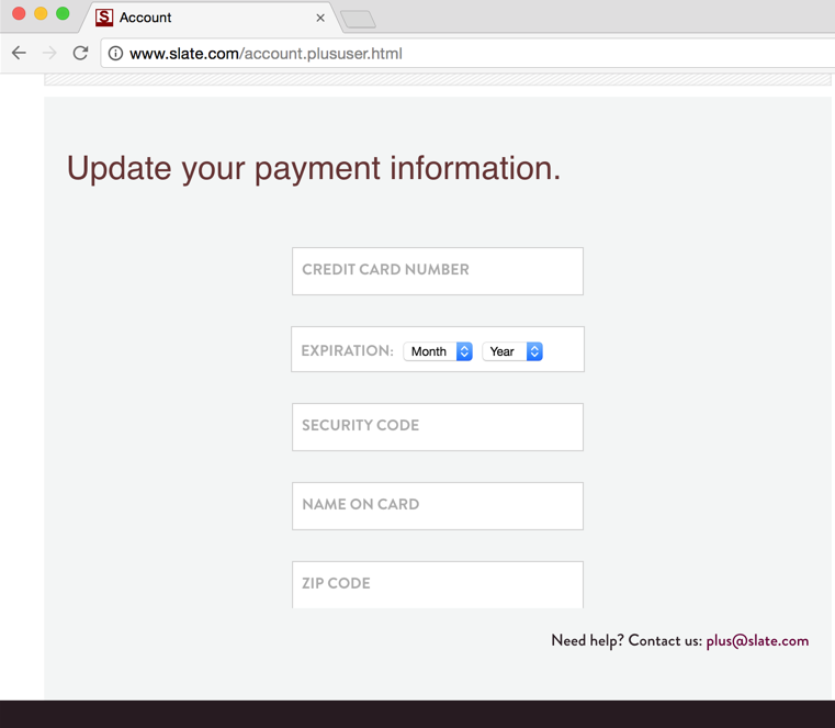 Screenshot of credit card form