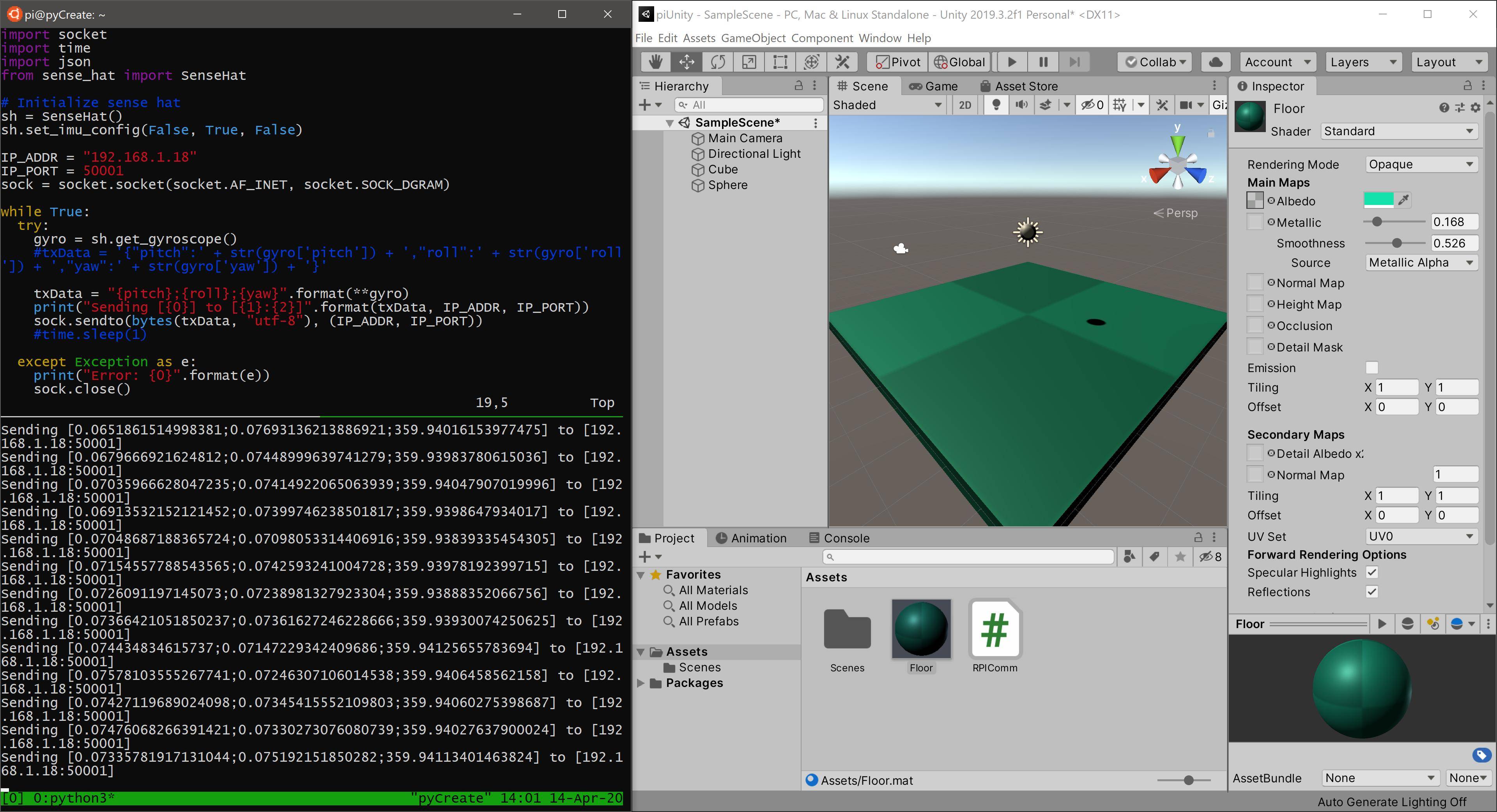 Pi code and Unity screenshot