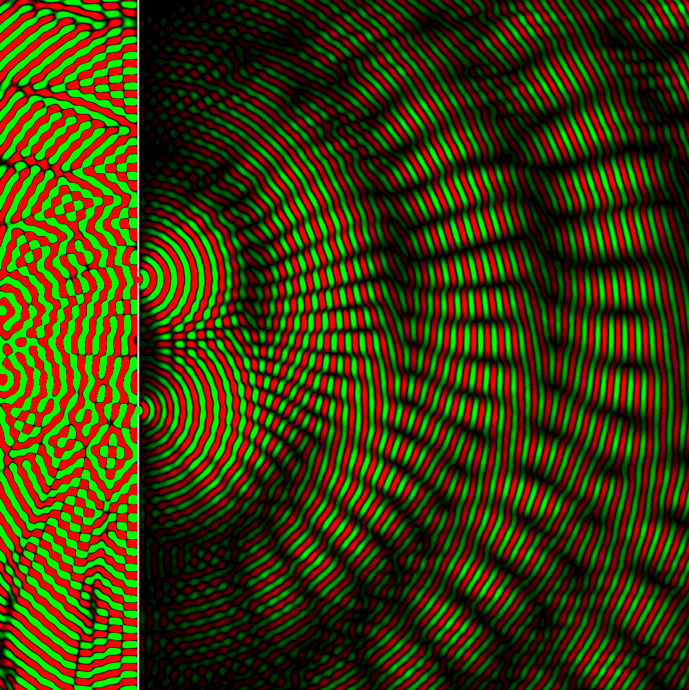 Double slit with 2 emitters, 2 frequencies, and 2 phases.