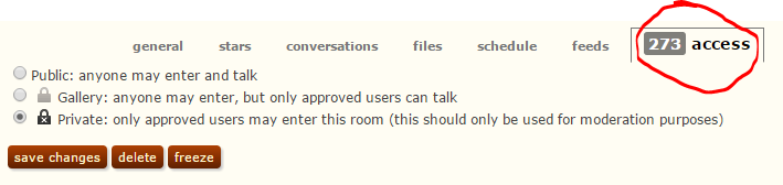A room's "access" tab showing selection for private room