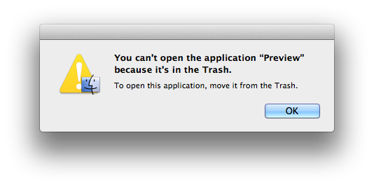 You can't open the application "Preview" because it's in the Trash.