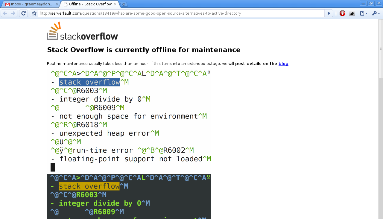 screenshot of a serverfault URL displaying an error which is branded with stackoverflow logo, etc.