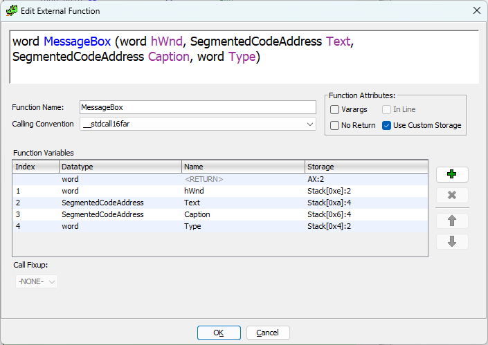 Ghidra implementation of the WIN16 MessageBox function with the Pascal calling convention.