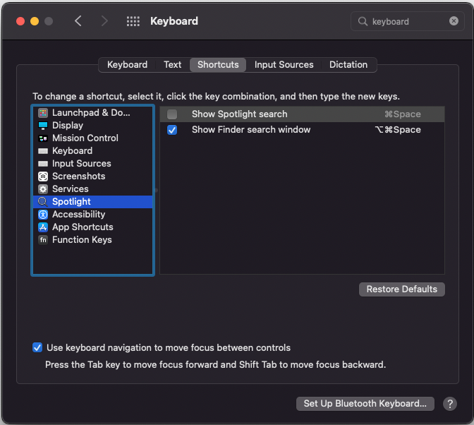 Screenshot of the Shortcuts tab of the Keyboard preferences pane