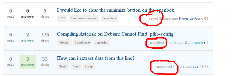 screenshot of the front page showing posts marked as asked, asnwered or modified