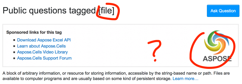 Aspose "sponsored links for this tag" block on the "Public questions tagged [file] page