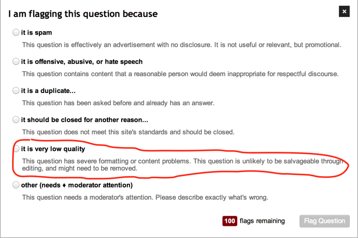 flagging options for questions