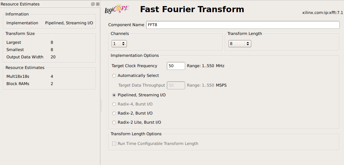 IP Core - FFT 8 - Settings page 1