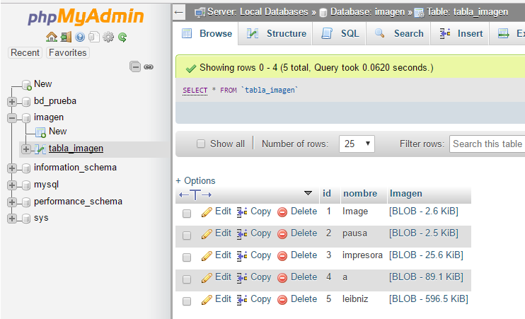 Base de datos en phpmyadmin