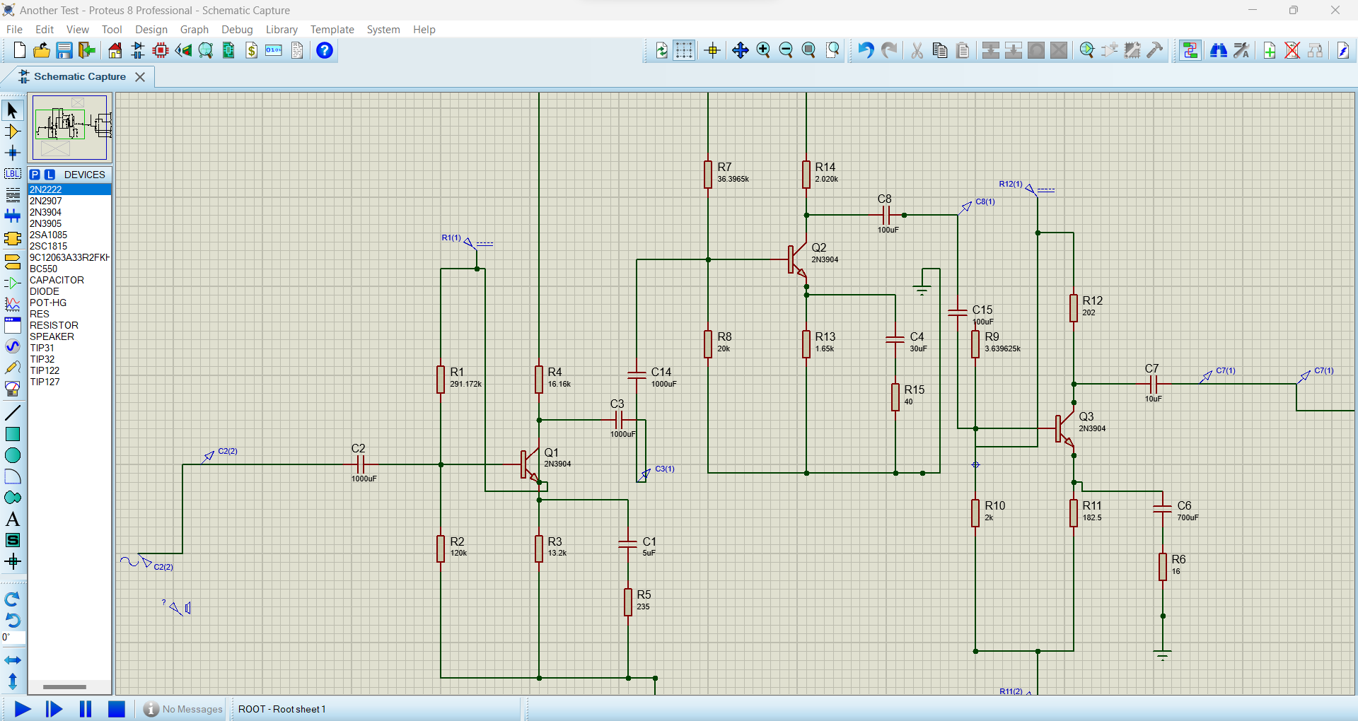 This is the pre-amp stage. The first two BJTs are biased based on the 1/3 Vcc rule. These are connected with only a +12V power supply. Meanwhile, the last transistor is biased so that it allows a +6V and -6V signal swing. It has +12V power supplies attached to all stages and a -12V power supply only attached to the final stage of the pre-amplifier stage. The capacitors have been set so that the Fl is set at 100Hz.