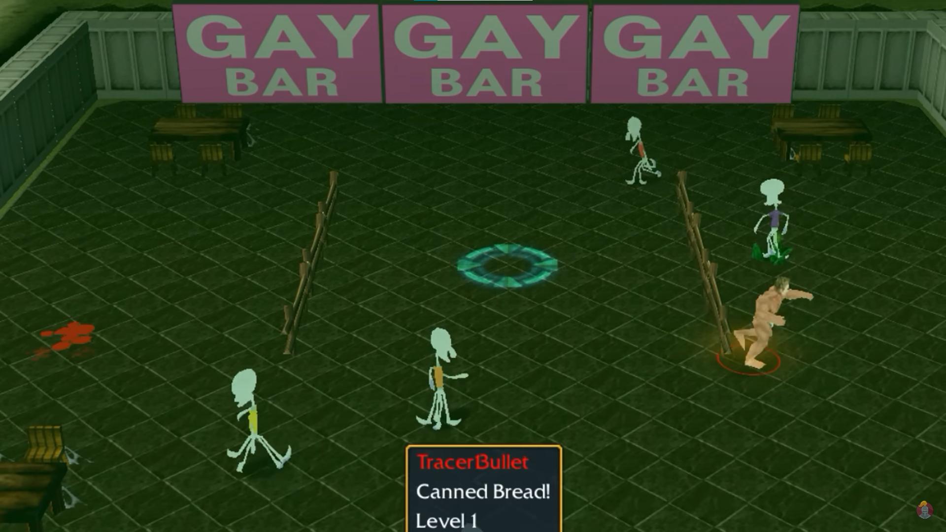 video game screenshot: a muscular man, dressed only in briefs, is going right in a room with four Squidwards, while in the background there are 3 pnik signs proclaiming in big white letters: "GAY BAR"