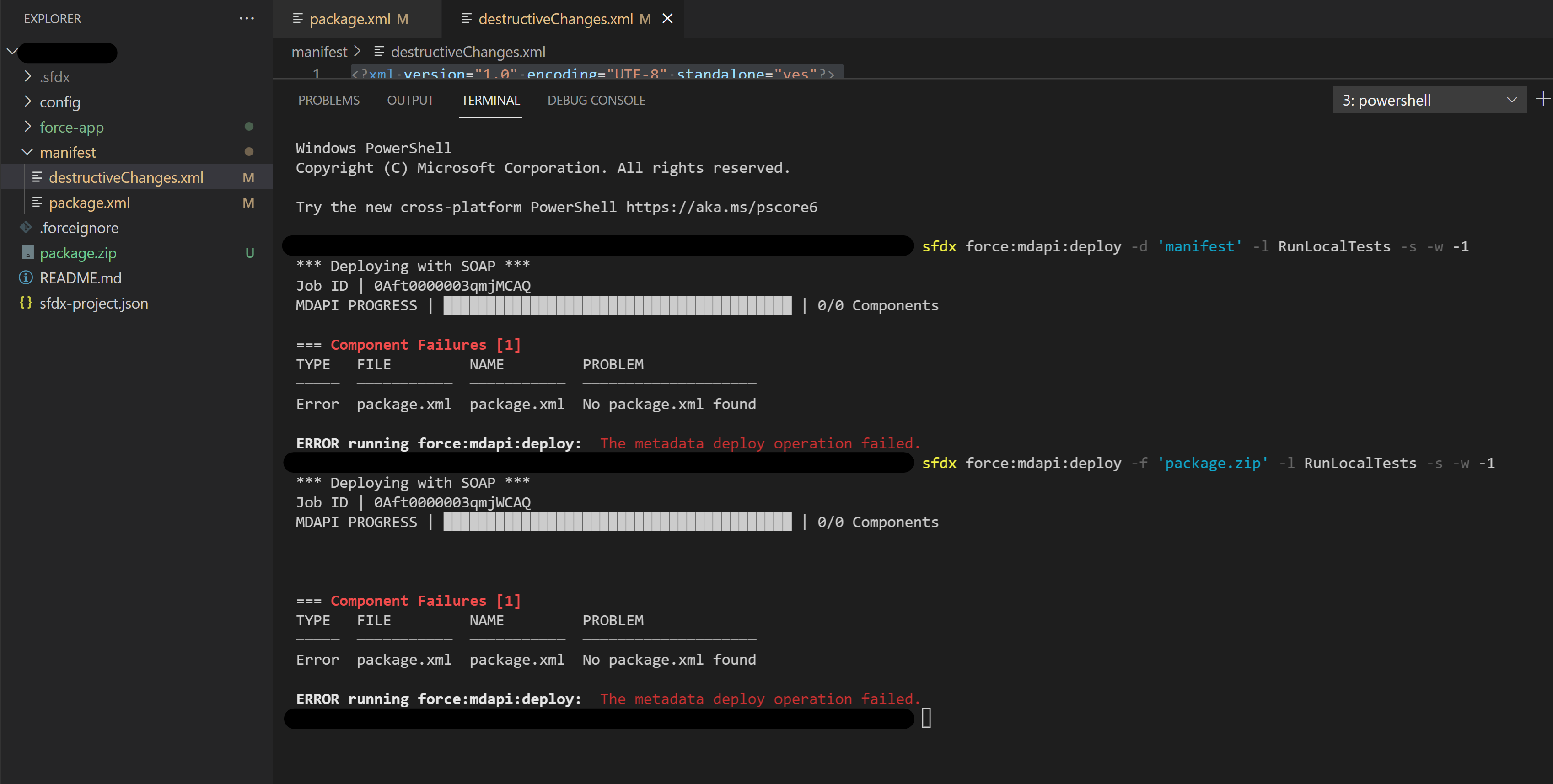 Picture of VSC terminal attempting to deploy a destructive package by directory and then by zip