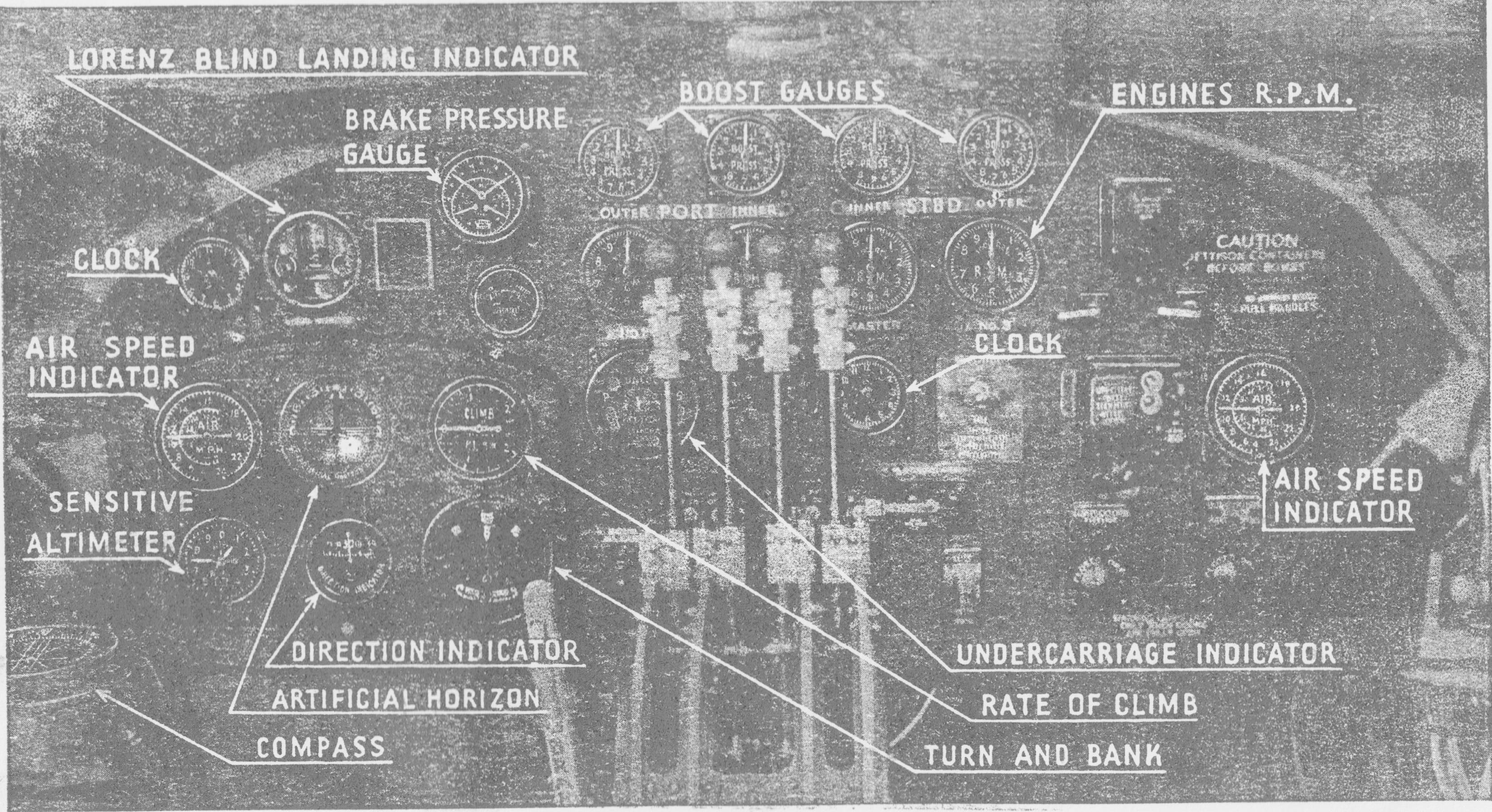 Image showing four lever engine controls, dials, etc.