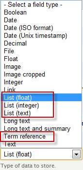 Manage fields - Add new field: Type of data to store