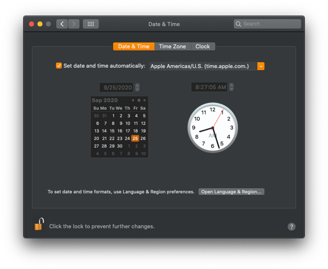 macOS Settings: Set date and time automatically