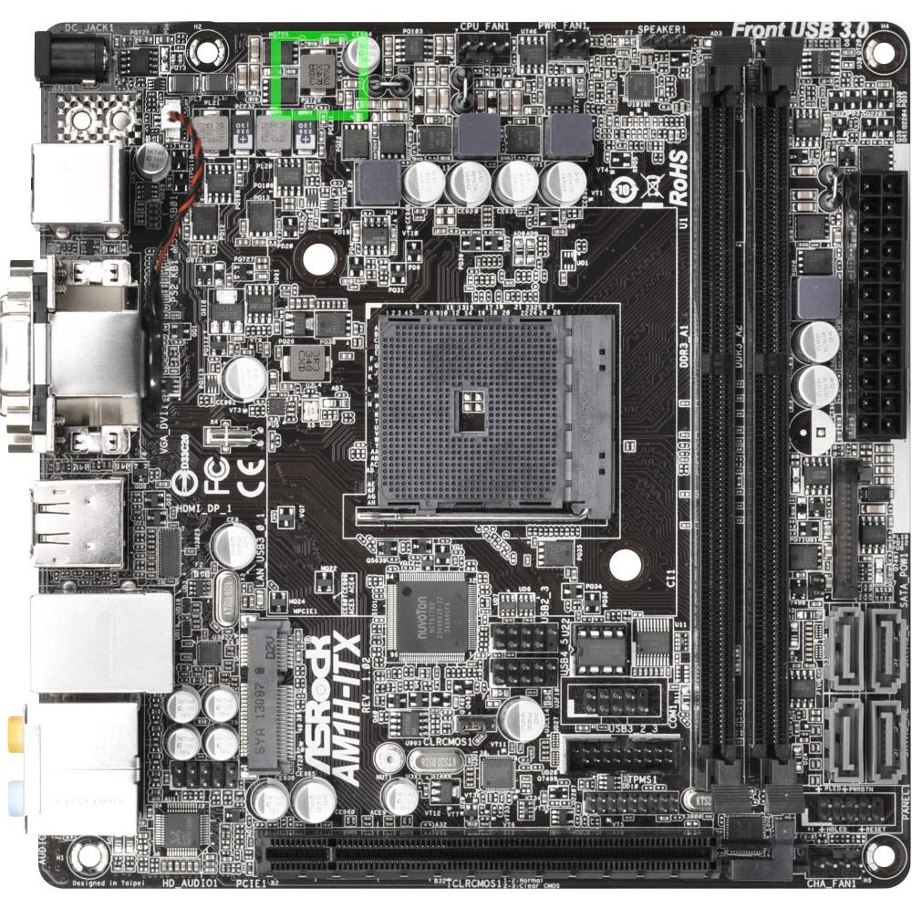 AM1h-ITX motherboard with burned component marked in green