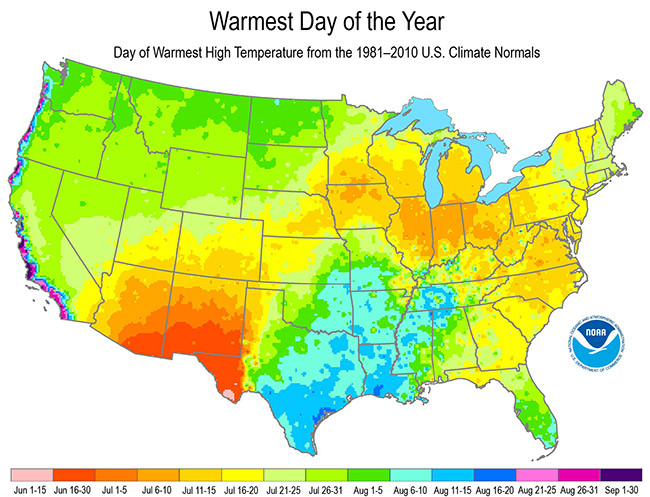 NCDC/NCEI map of warmest day of the year