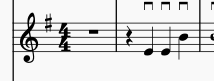 Fragment of a score. Treble clef, key signature with one sharp, 4/4 time, the first measure is a whole measure rest, the second measure is a quarter rest followed by three notes with down-bow marks.