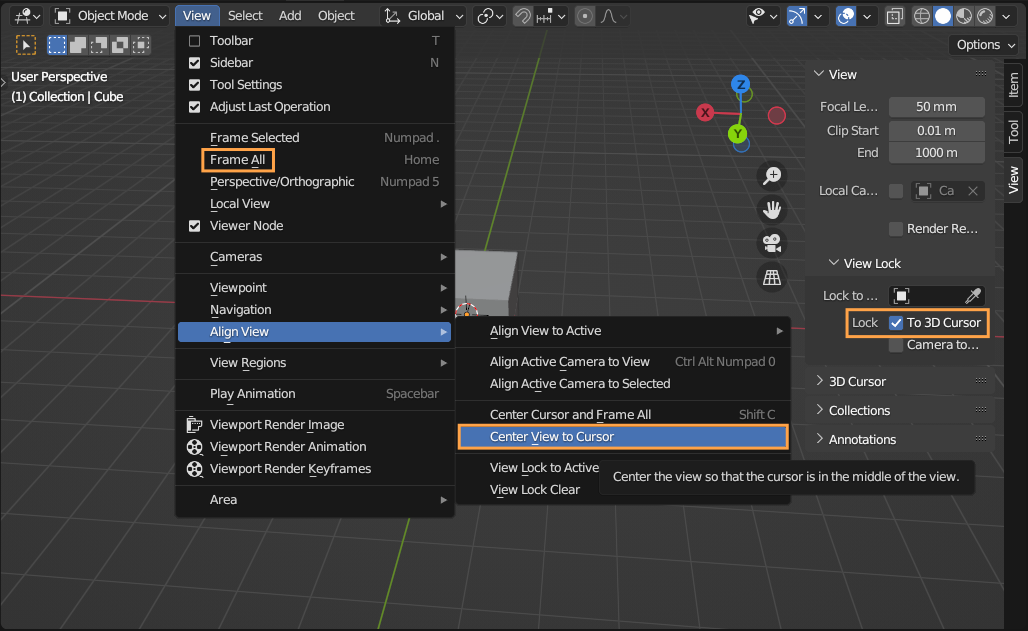 screenshot showing the view > frame all, view > align view > center view to cursor, and 3D view sidebar > view > view lock > lock to 3D cursor settings, each highlighted with an orange box