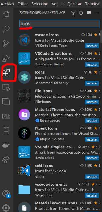 Captura de las extensiones de VSCode buscando icons