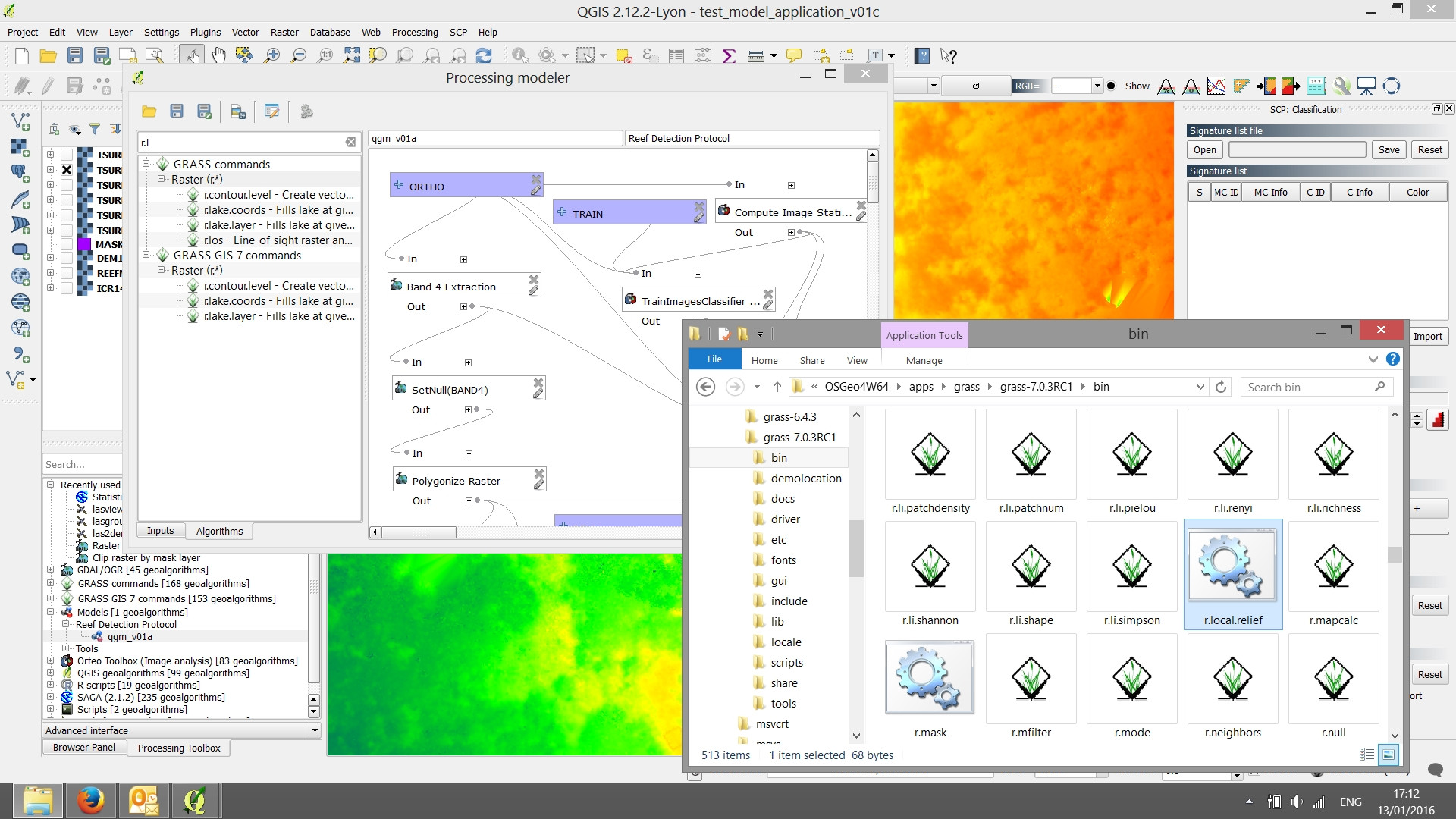 Printscreen of QGIS' Model Builder and GRASS Tools Folder