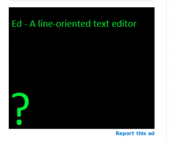 minimalist green-and-black ad for a line-oriented text editor