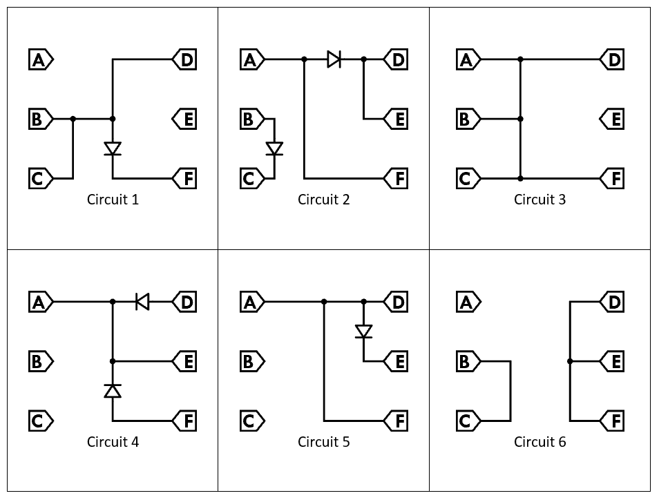 6 different Circuits with shorts and diodes