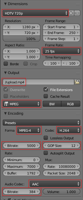 Example Dimension, Output & Encoding Settings