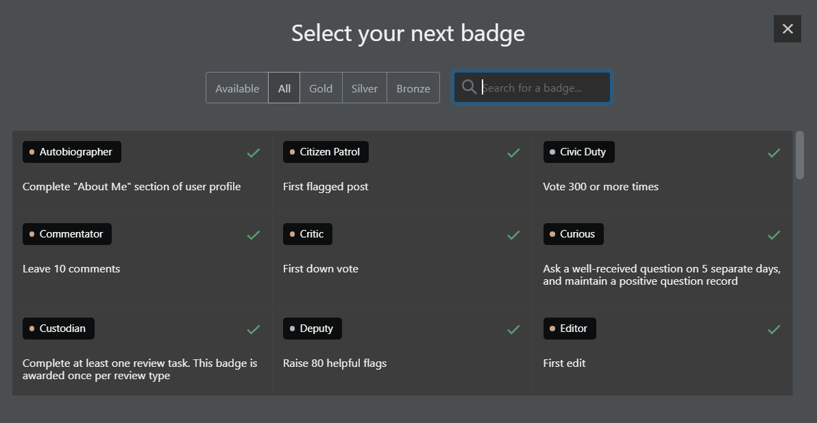 'Select your next badge' modal with all badges displayed, three badges in each row, occupying the whole modal width