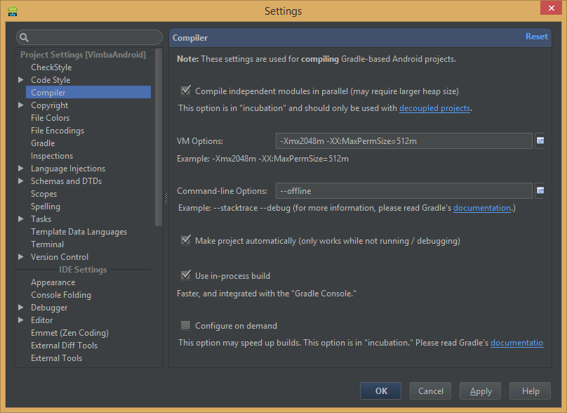 Settings do Android Studio