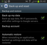 Screen shot of Backup and reset settings