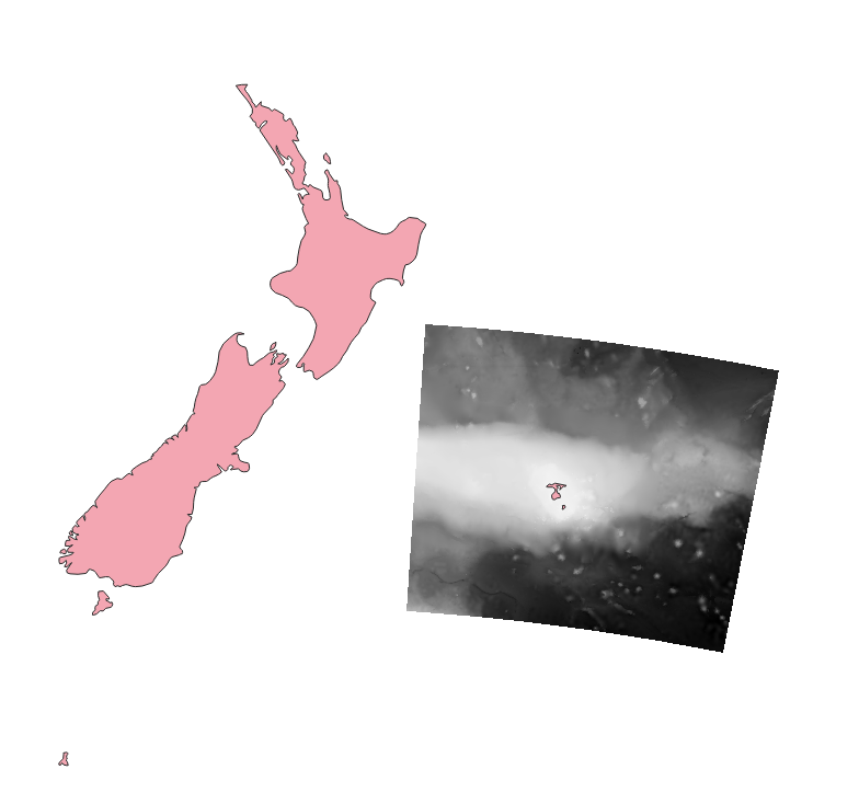 QGIS screenshot depicting New Zealand in EPSG:3851 with reprojected bathymetry tif