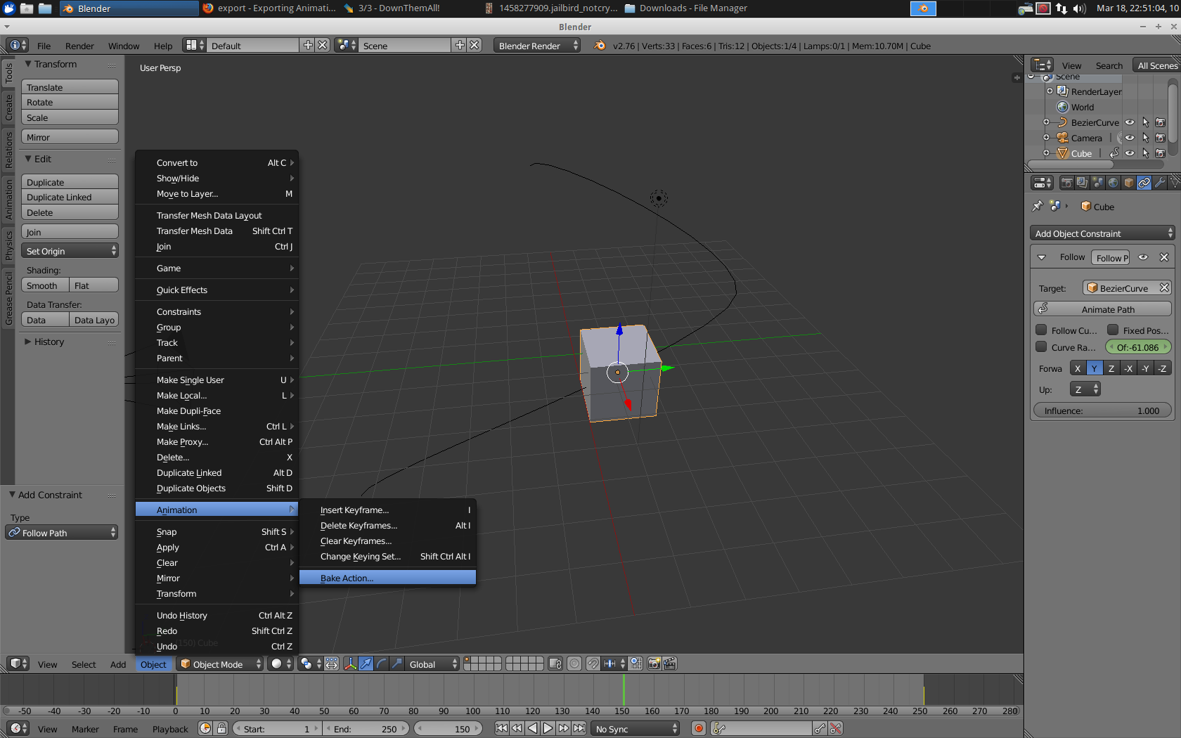 Picture of the blender interface with Object/Animation/Bake Action selected